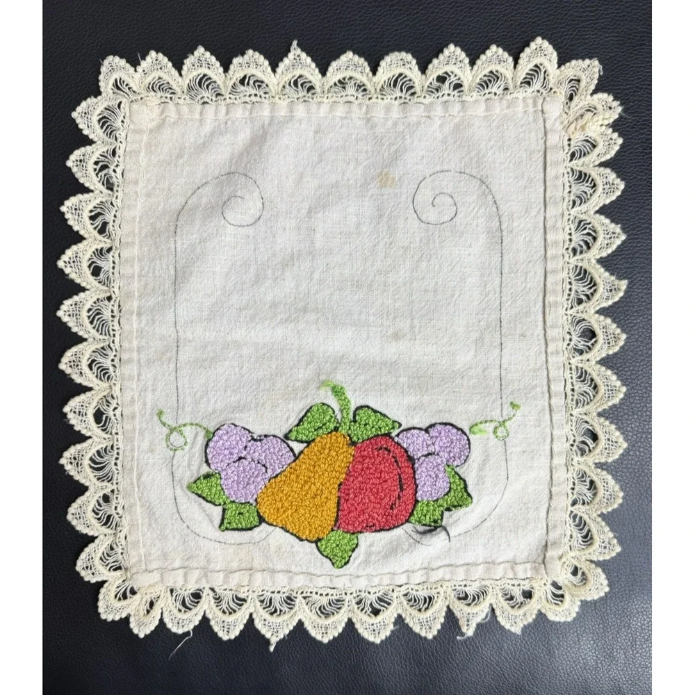 Vintage MCM Hand Embroidery Punch Needle Fruit Table Doily Lace Unfinished Art